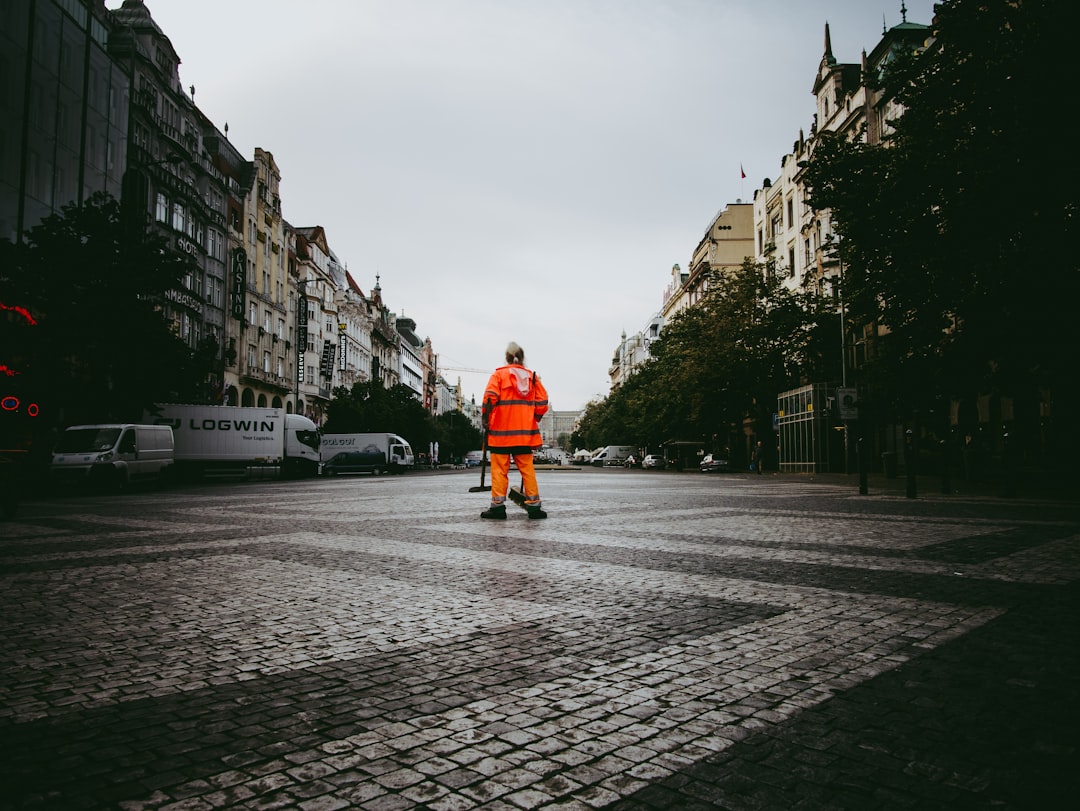 A city worker cleaning the Wenceslas Square.