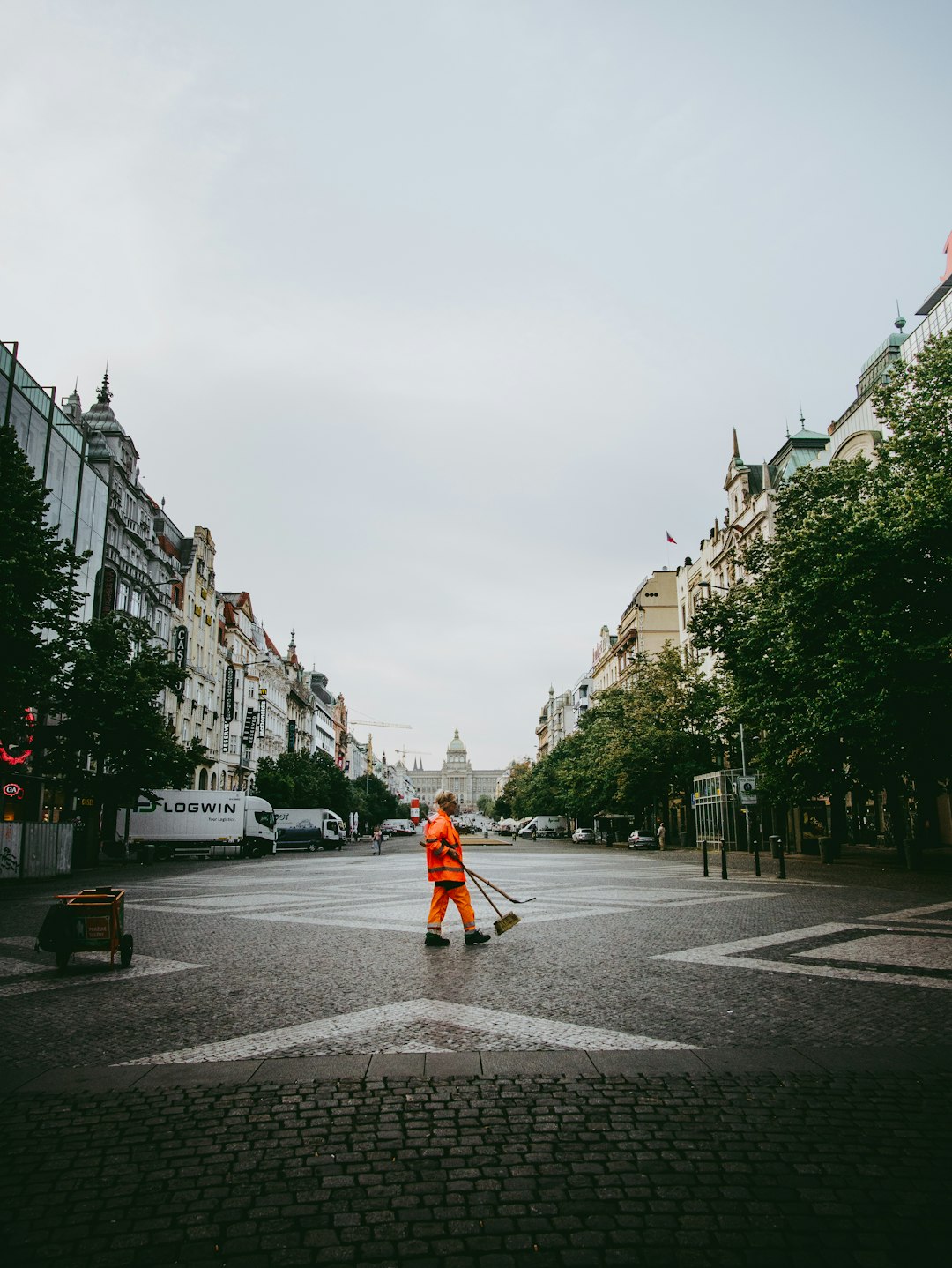 A city worker cleaning the Wenceslas Square.